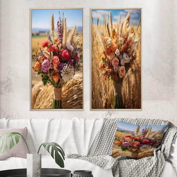 Designart "An Assorted Bouquet from the Farm III" Floral Framed Wall Art Set Of 2 - Pink Floral Gallery Wall Frame Set For Home Decor