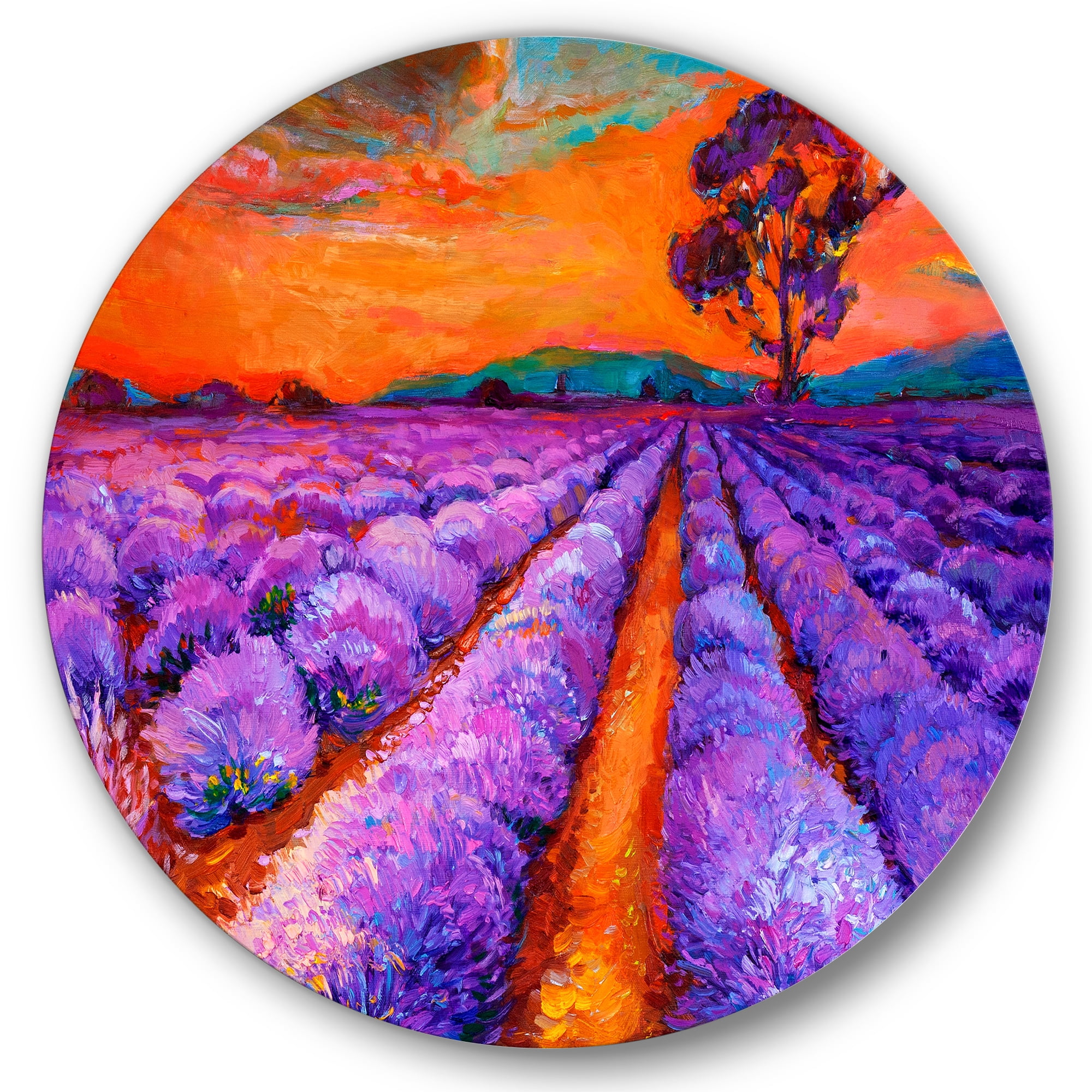 Designart 'An Orange Sunset Over Purple Lavender Fields I' Farmhouse Circle Metal Wall Art 29x29 - Disc of 29