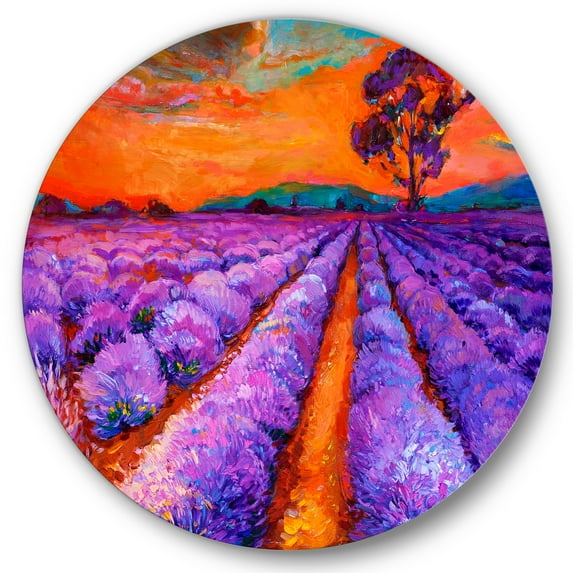 Designart 'An Orange Sunset Over Purple Lavender Fields I' Farmhouse Circle Metal Wall Art 36x36 - Disc of 36