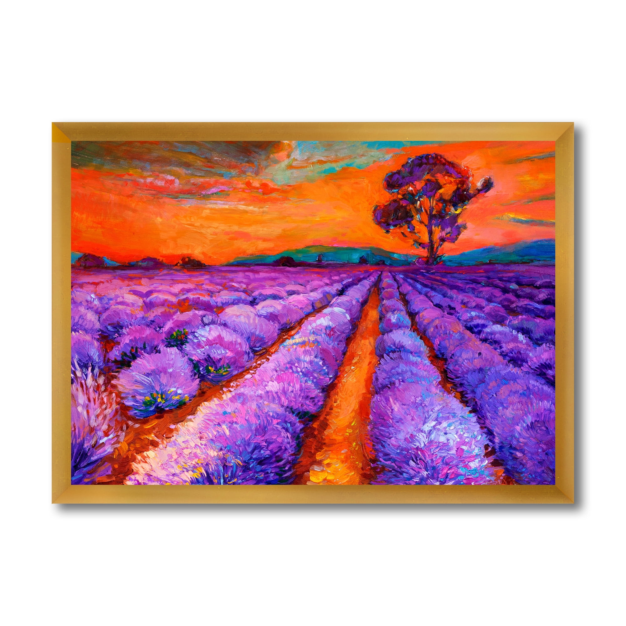 Designart 'An Orange Sunset Over Purple Lavender Fields I' Farmhouse Framed Art Print