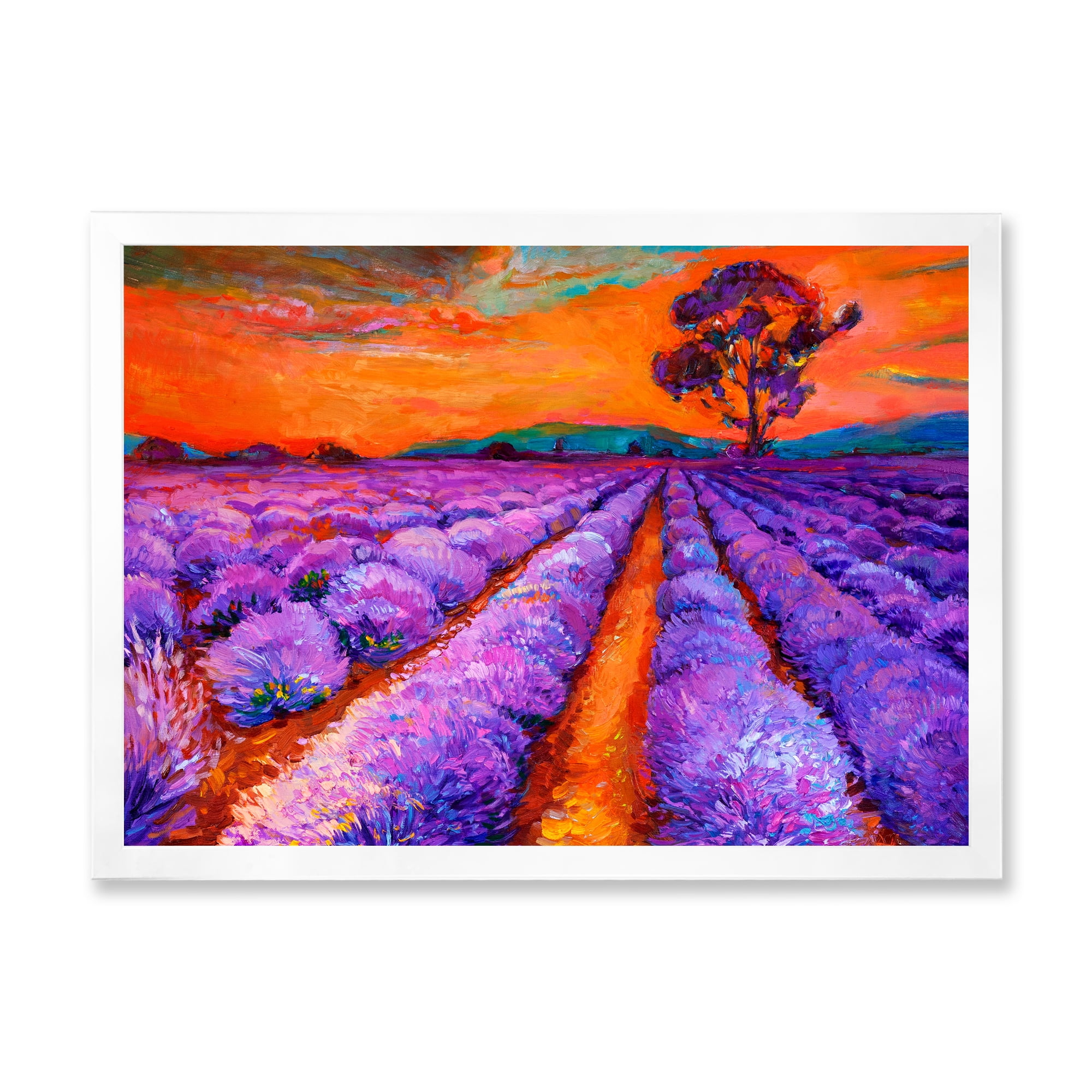 Designart 'An Orange Sunset Over Purple Lavender Fields I' Farmhouse Framed Art Print