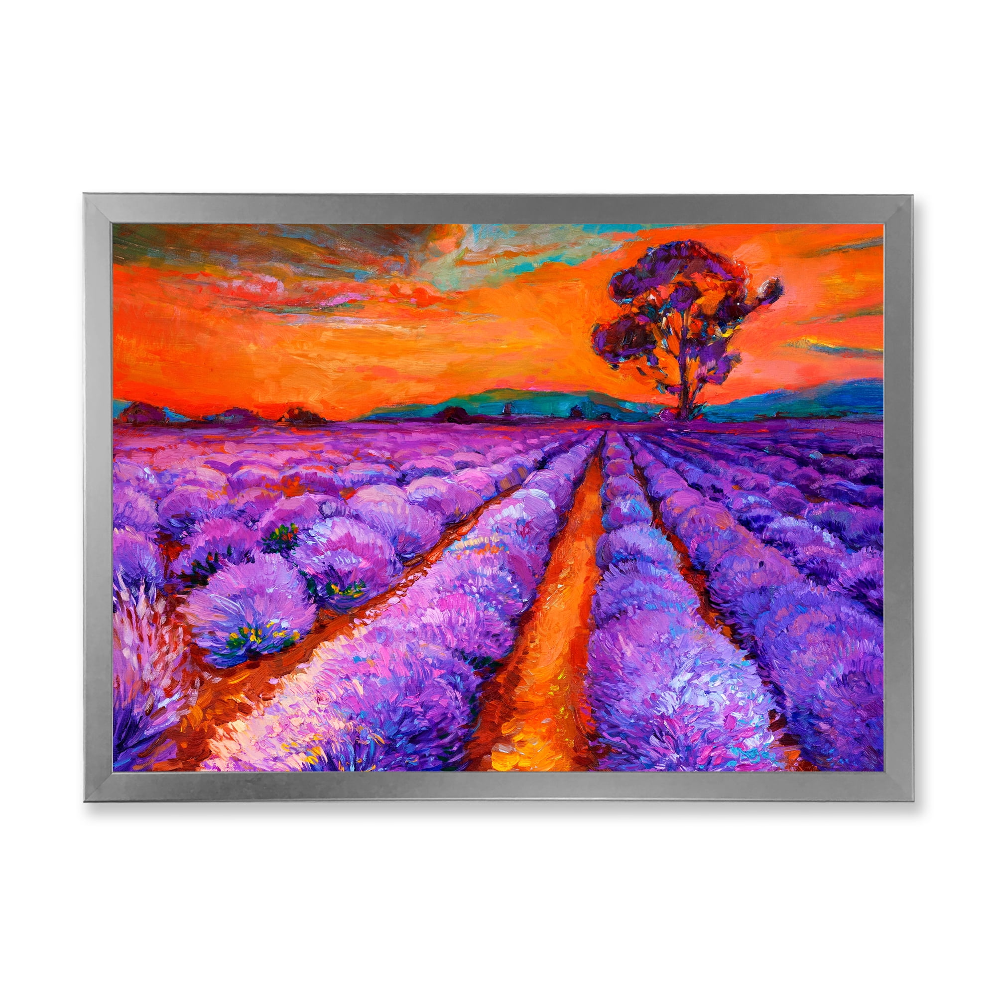 Designart 'An Orange Sunset Over Purple Lavender Fields I' Farmhouse Framed Art Print