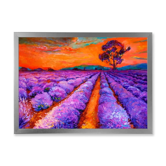 Designart 'An Orange Sunset Over Purple Lavender Fields I' Farmhouse Framed Art Print