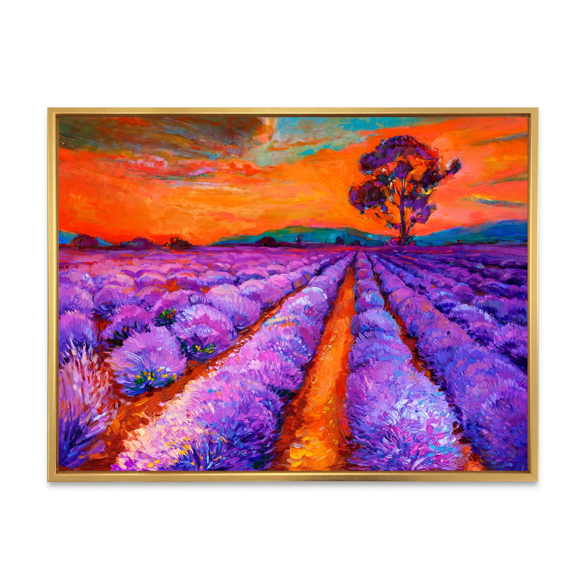 Designart 'An Orange Sunset Over Purple Lavender Fields I' Farmhouse Framed Canvas Wall Art Print