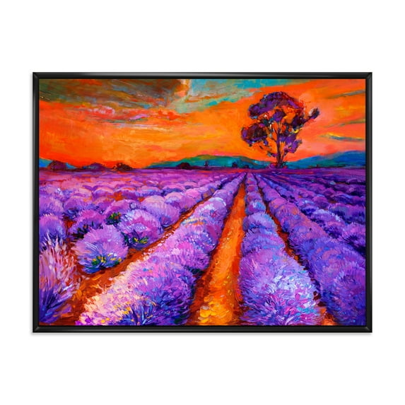 Designart 'An Orange Sunset Over Purple Lavender Fields I' Farmhouse Framed Canvas Wall Art Print