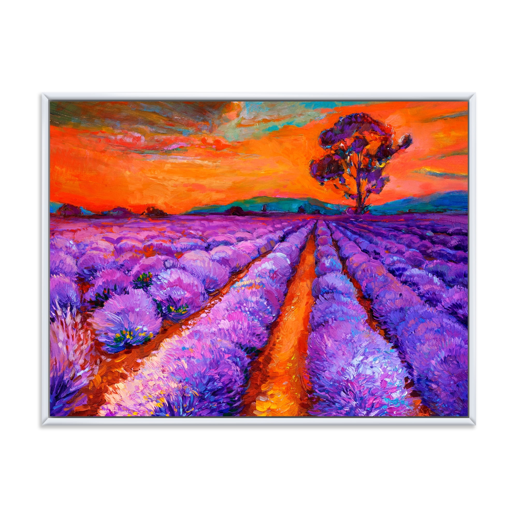 Designart 'An Orange Sunset Over Purple Lavender Fields I' Farmhouse Framed Canvas Wall Art Print