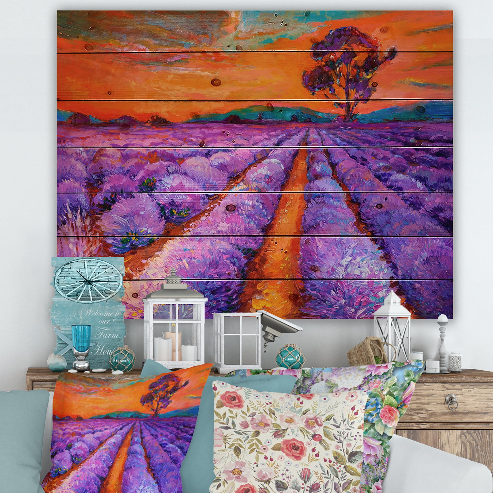 Designart 'An Orange Sunset Over Purple Lavender Fields I' Farmhouse Print on Natural Pine Wood