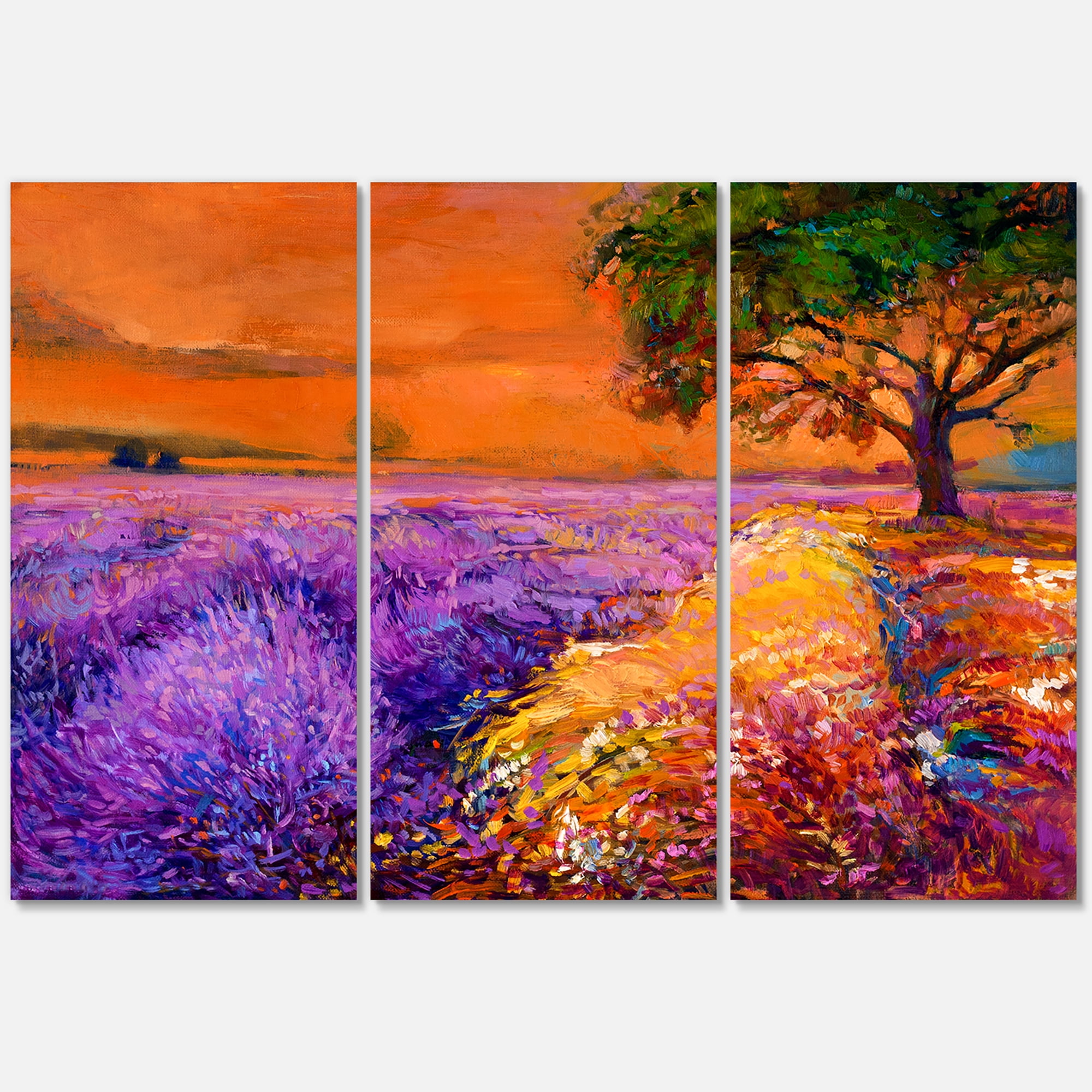 Designart ' An Orange Sunset Over Purple Lavender Fields II ' Farmhouse Canvas Wall Art Print