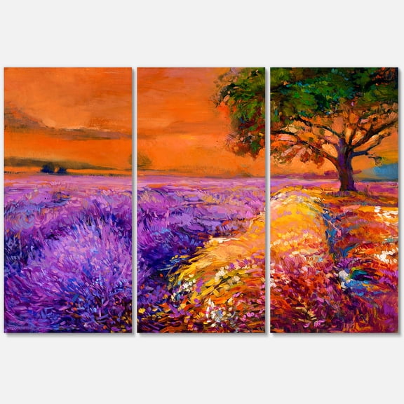 Designart ' An Orange Sunset Over Purple Lavender Fields II ' Farmhouse Canvas Wall Art Print