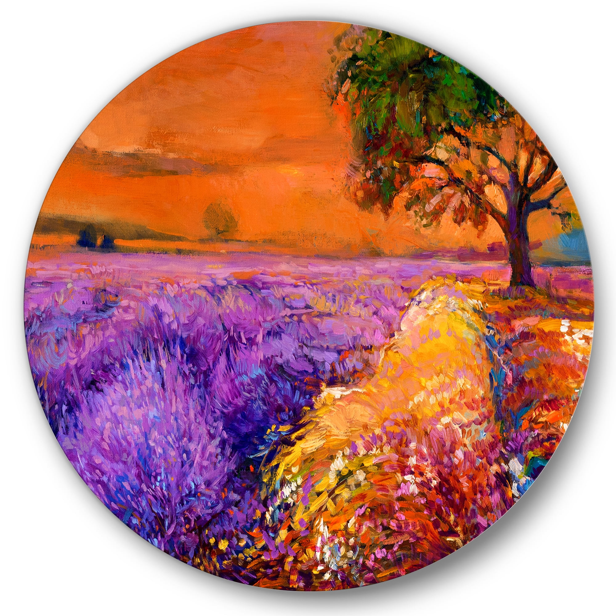 Designart 'An Orange Sunset Over Purple Lavender Fields II' Farmhouse Circle Metal Wall Art 23x23 - Disc of 23