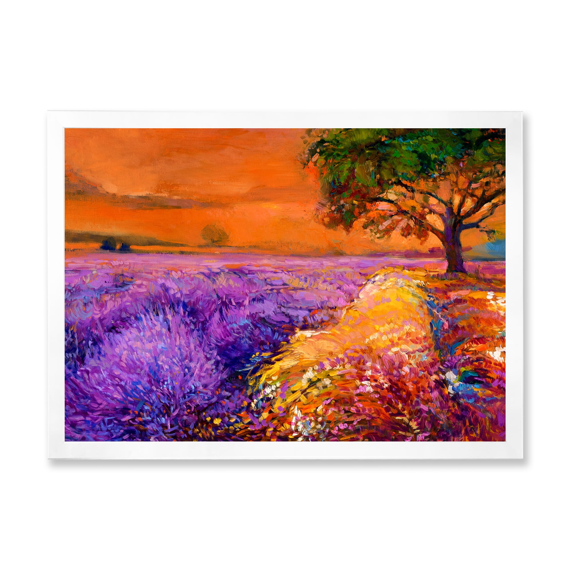 Designart 'An Orange Sunset Over Purple Lavender Fields II' Farmhouse Framed Art Print