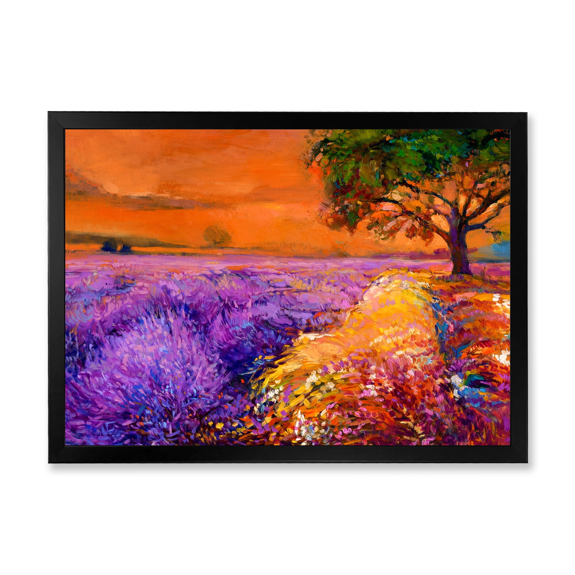 Designart 'An Orange Sunset Over Purple Lavender Fields II' Farmhouse Framed Art Print