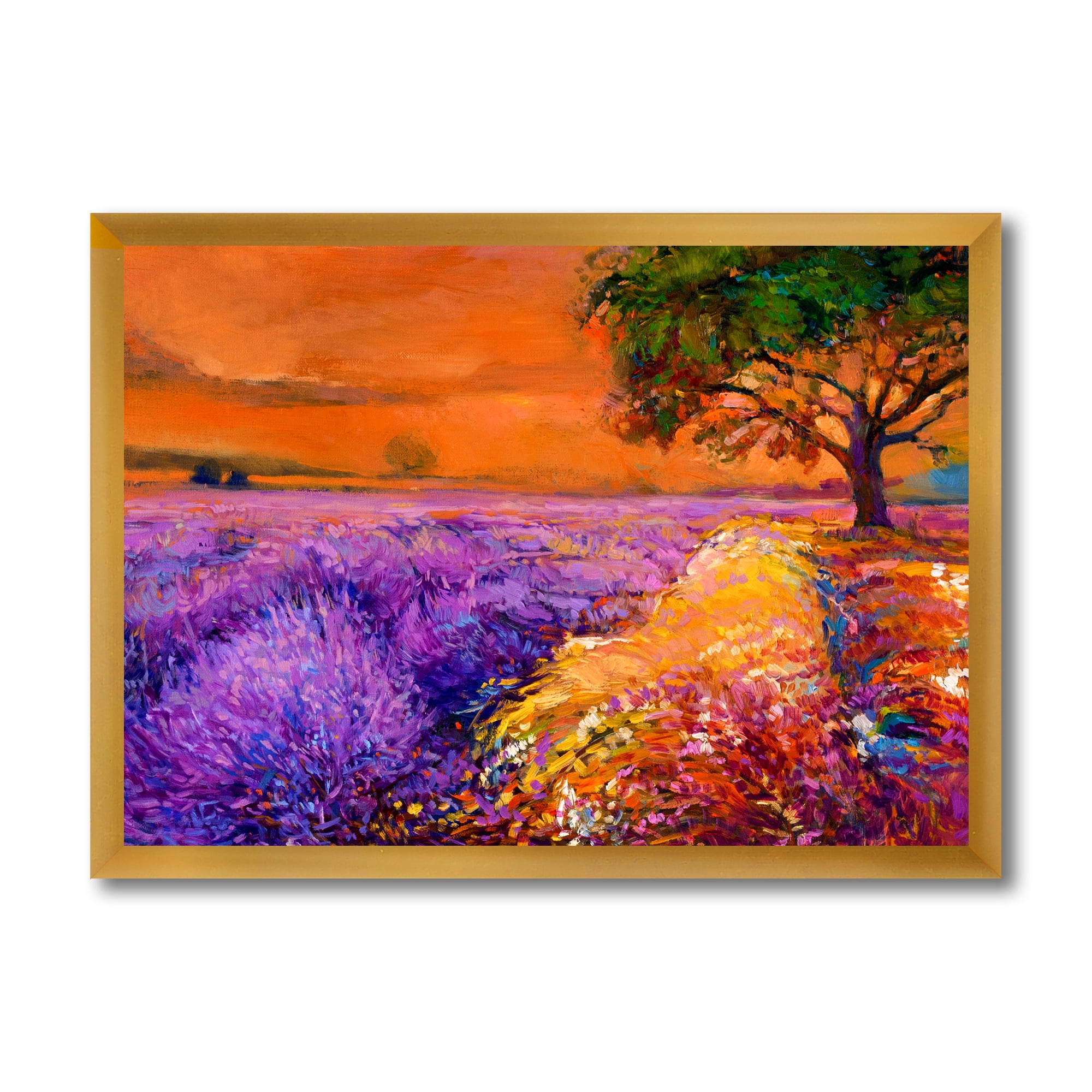 Designart 'An Orange Sunset Over Purple Lavender Fields II' Farmhouse Framed Art Print