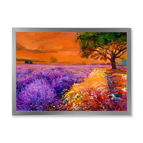 Designart 'An Orange Sunset Over Purple Lavender Fields II' Farmhouse Framed Art Print