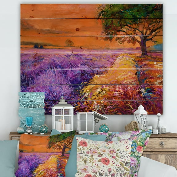 Designart 'An Orange Sunset Over Purple Lavender Fields II' Farmhouse Print on Natural Pine Wood