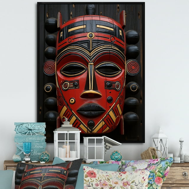 Designart "Ancestral Masks in Crimson III" People Framed Wall Art - Global Red African Mask Living Room Framed Canvas Art