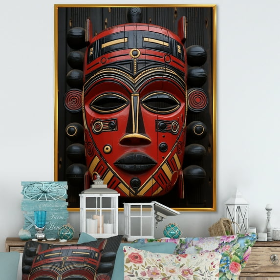 Designart "Ancestral Masks in Crimson III" People Framed Wall Art - Global Red African Mask Living Room Framed Canvas Art