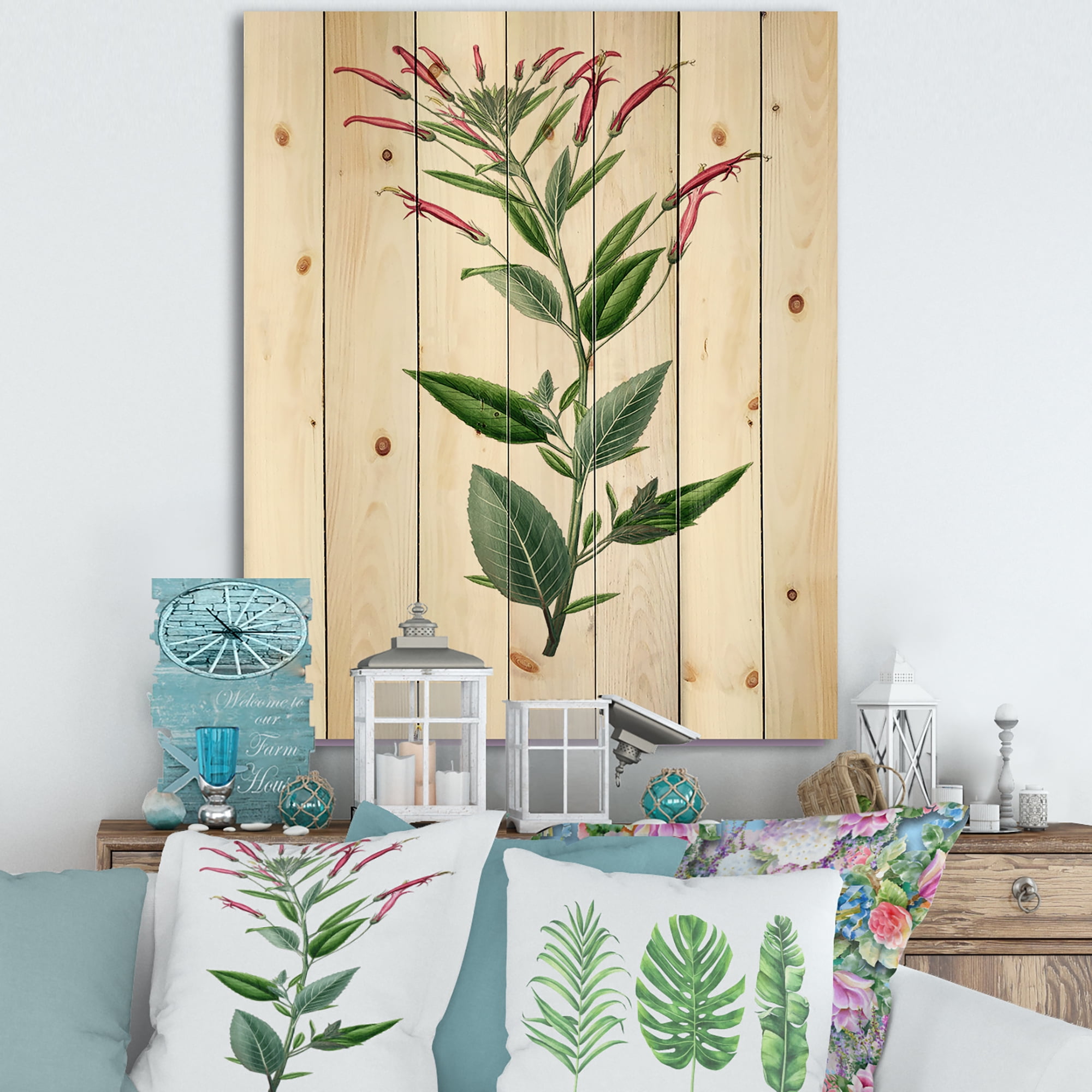 Designart 'Ancient American Flora III' Traditional Print on Natural Pine Wood