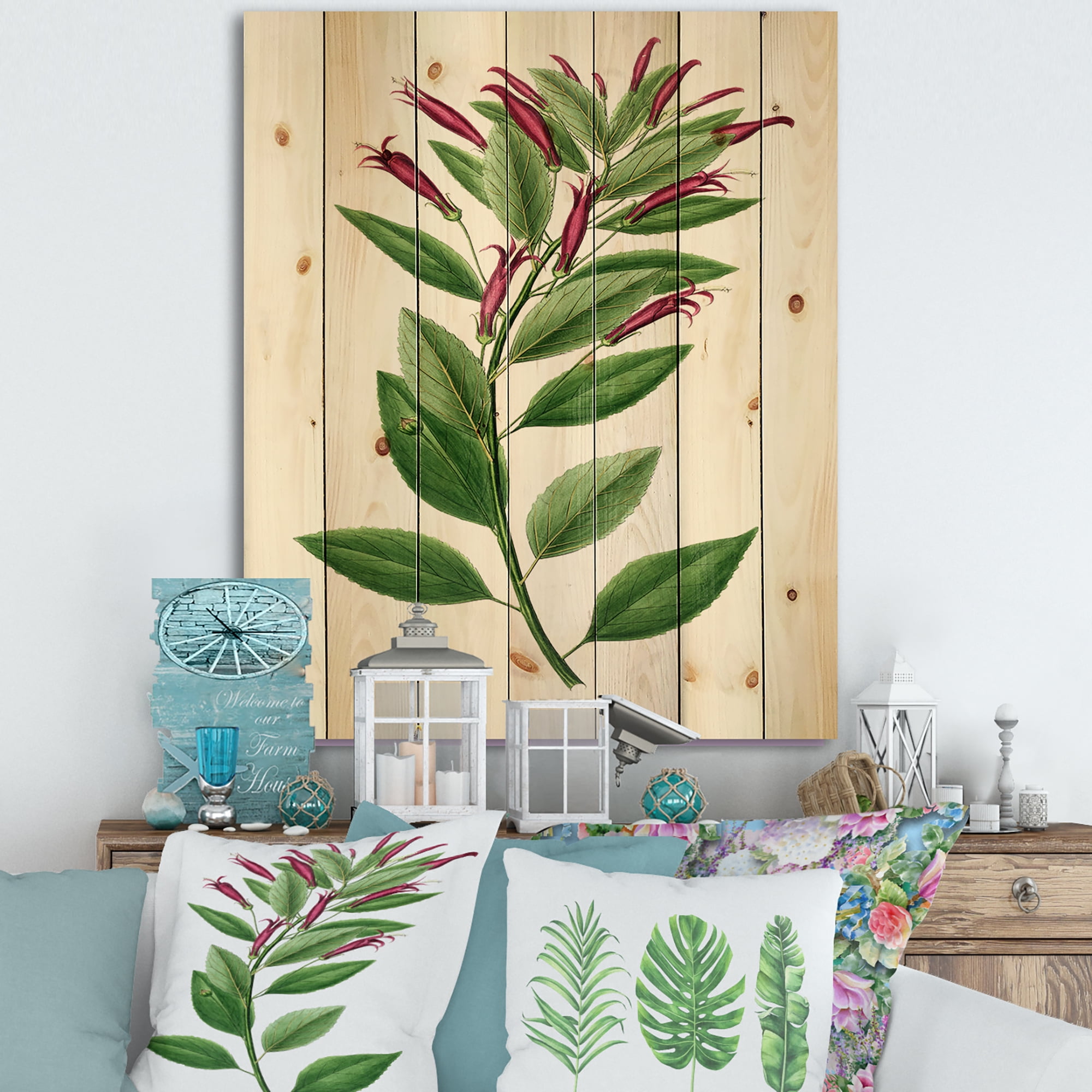 Designart 'Ancient American Flora V' Traditional Print on Natural Pine Wood