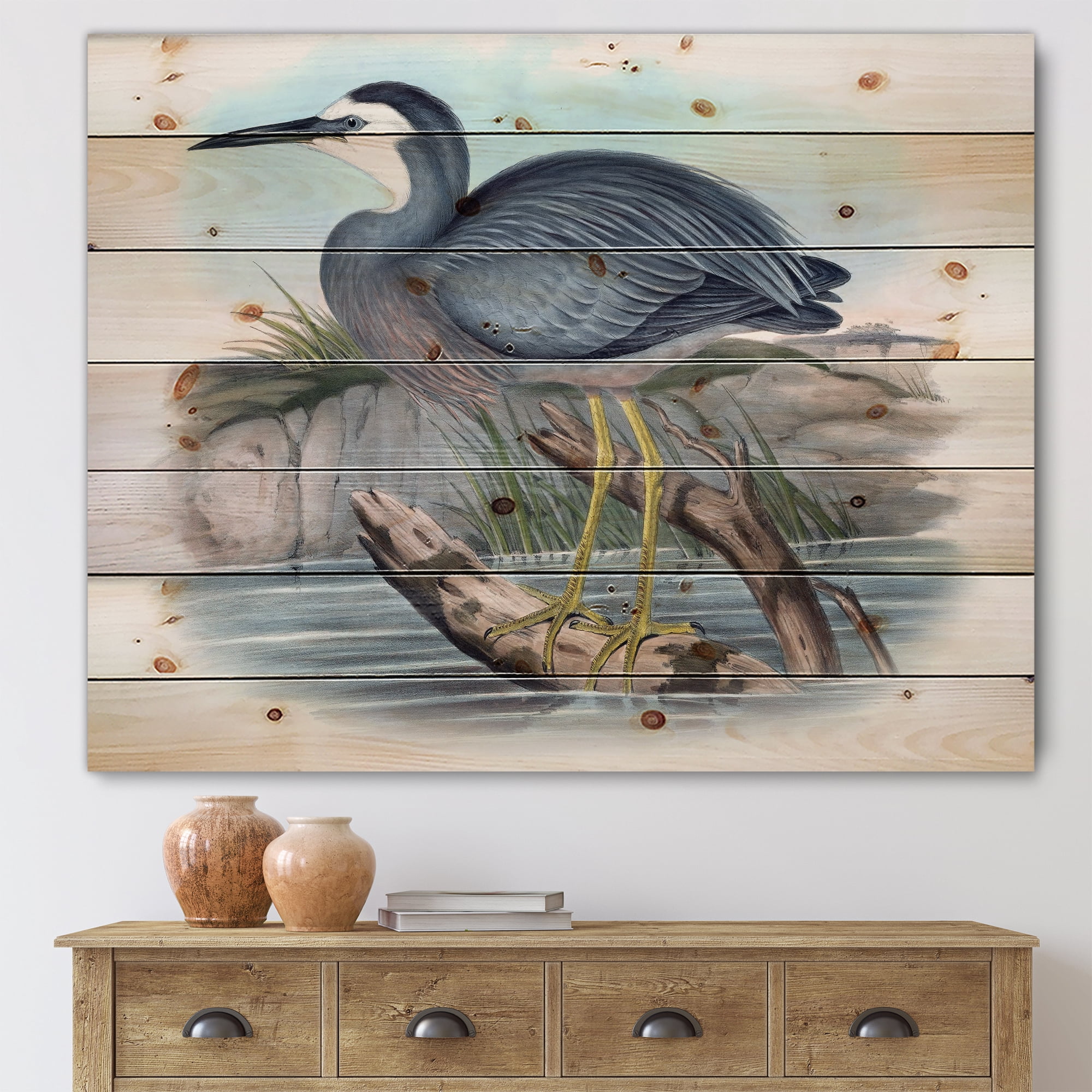 Designart 'Ancient Australian Birds II' Traditional Print on Natural Pine Wood