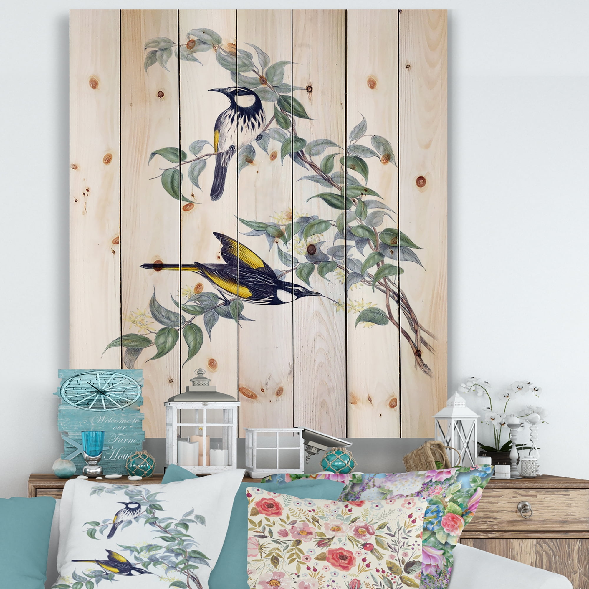 Designart 'Ancient Australian Birds On A Branch' Traditional Print on Natural Pine Wood