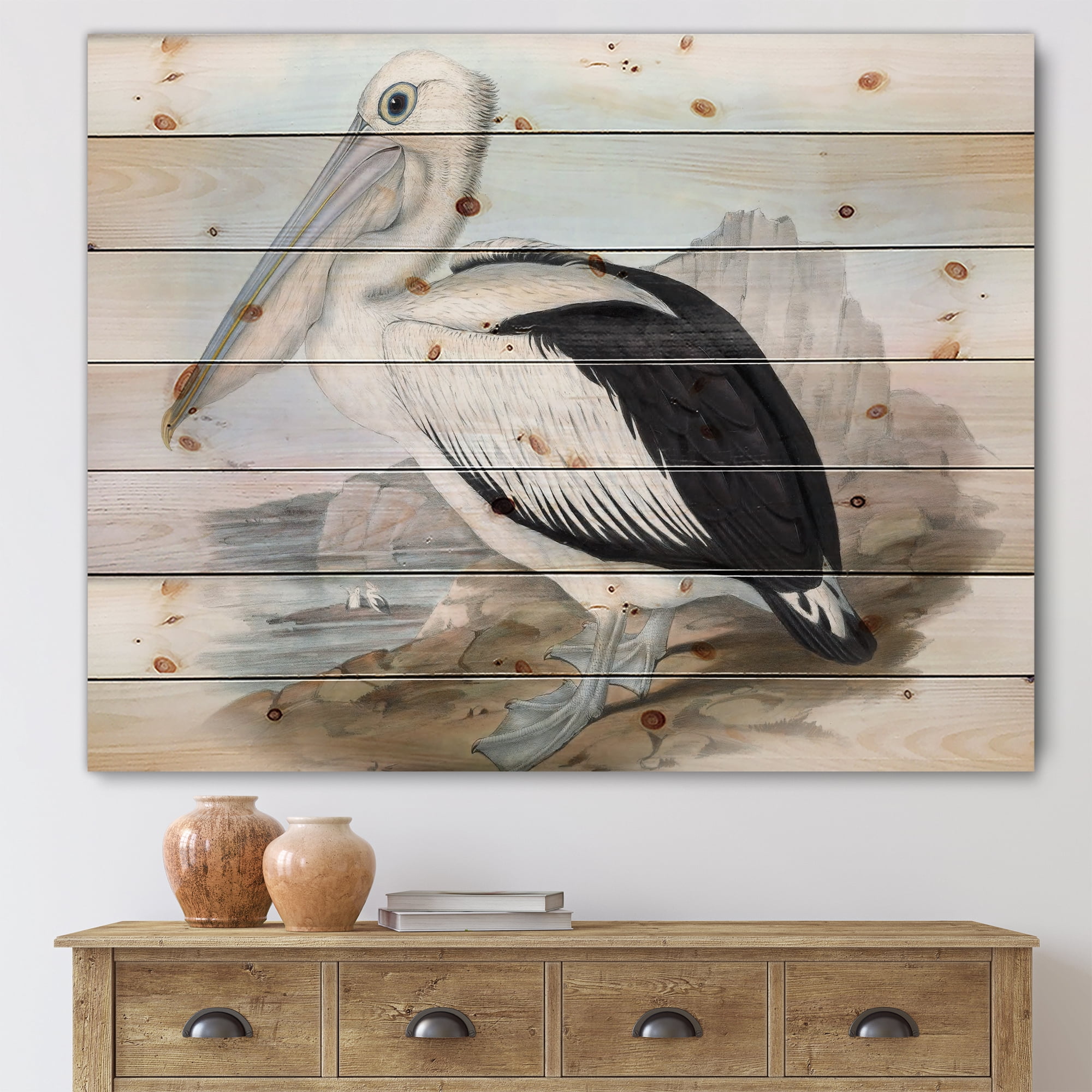 Designart 'Ancient Australian Birds VIII' Traditional Print on Natural Pine Wood