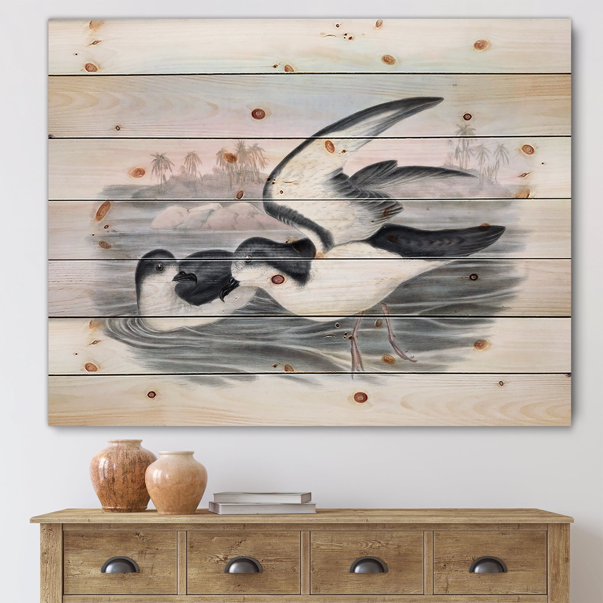 Designart 'Ancient Australian Birds X' Traditional Print on Natural Pine Wood