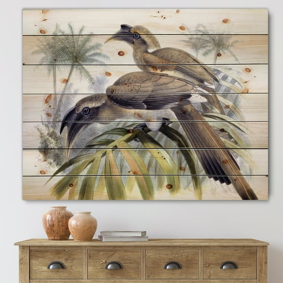 Designart 'Ancient Australian Birds XIV' Traditional Print on Natural Pine Wood