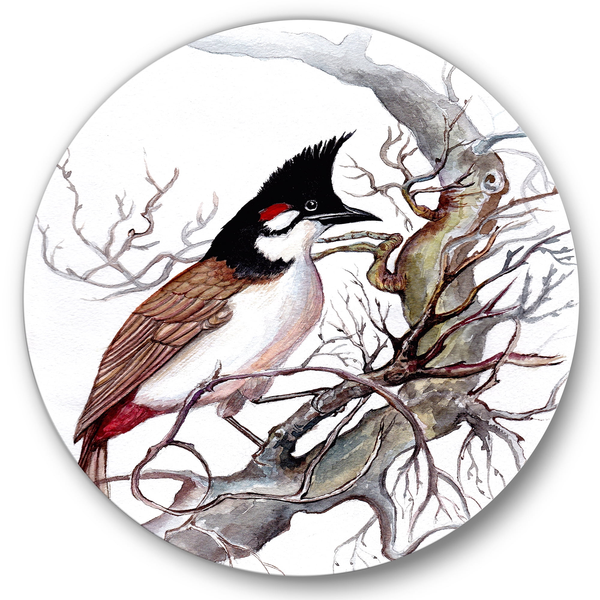 Designart 'Ancient Beautiful Bird On A Branch' Traditional Circle Metal Wall Art 29x29 - Disc of 29