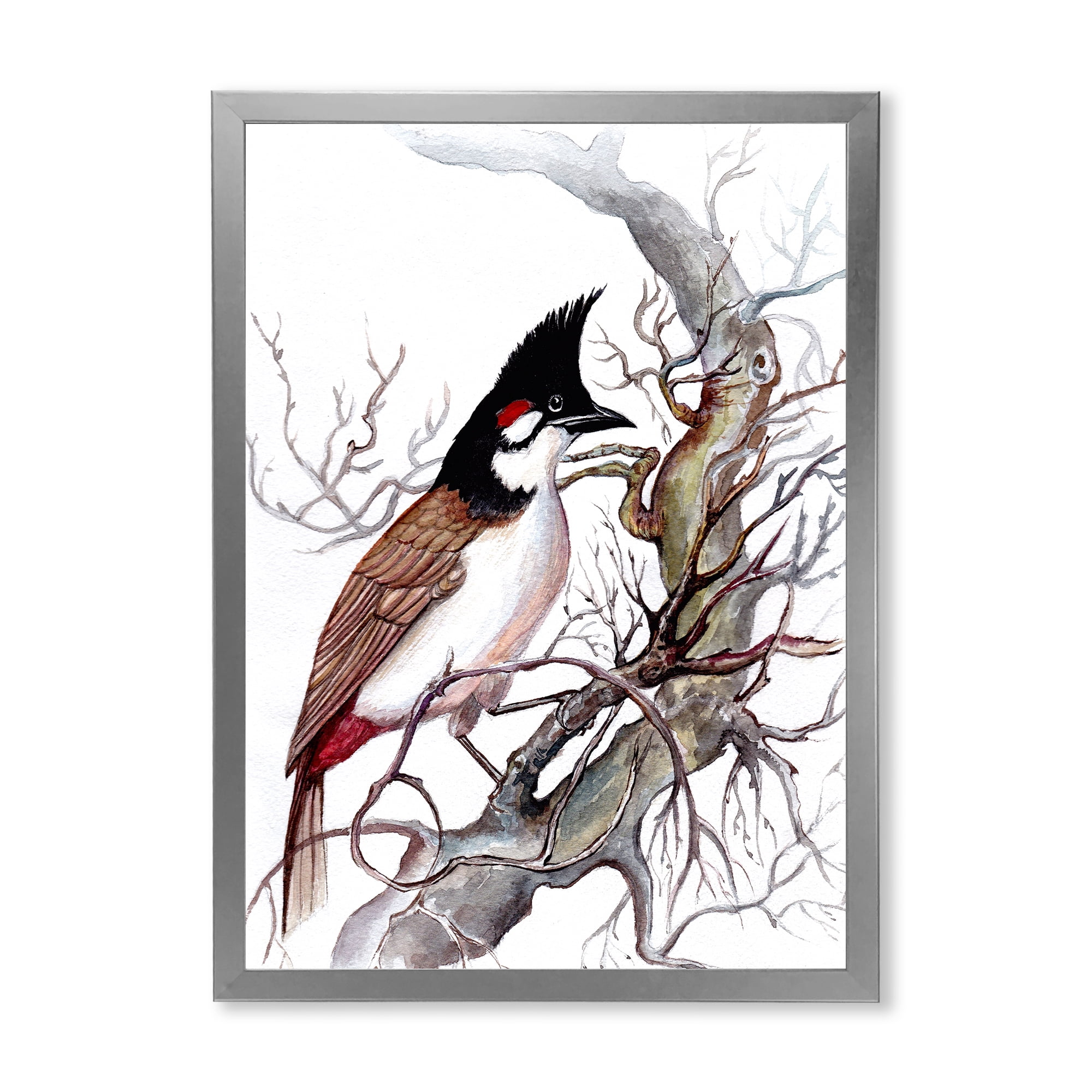 Designart 'Ancient Beautiful Bird On A Branch' Traditional Framed Art Print