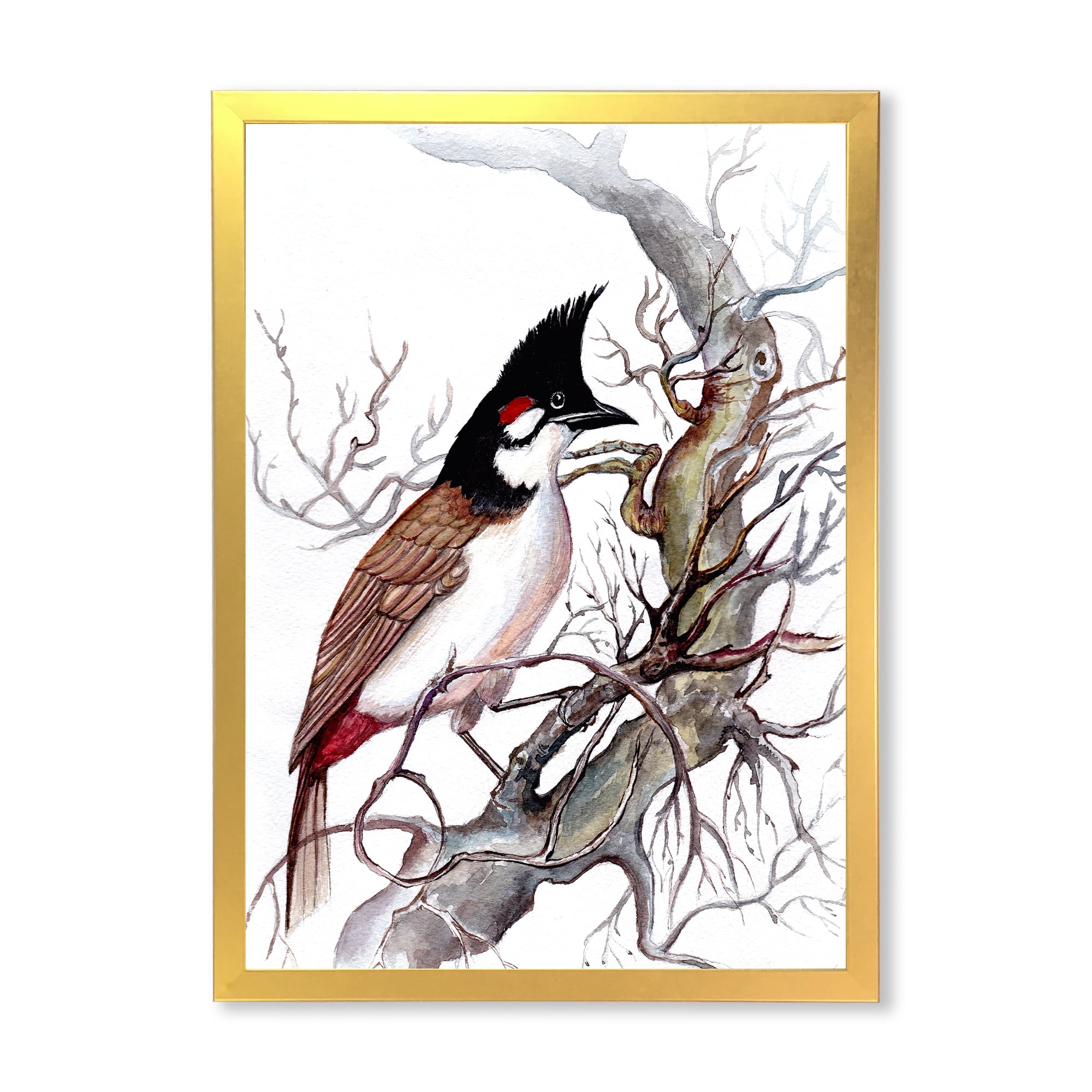 Designart 'Ancient Beautiful Bird On A Branch' Traditional Framed Art Print