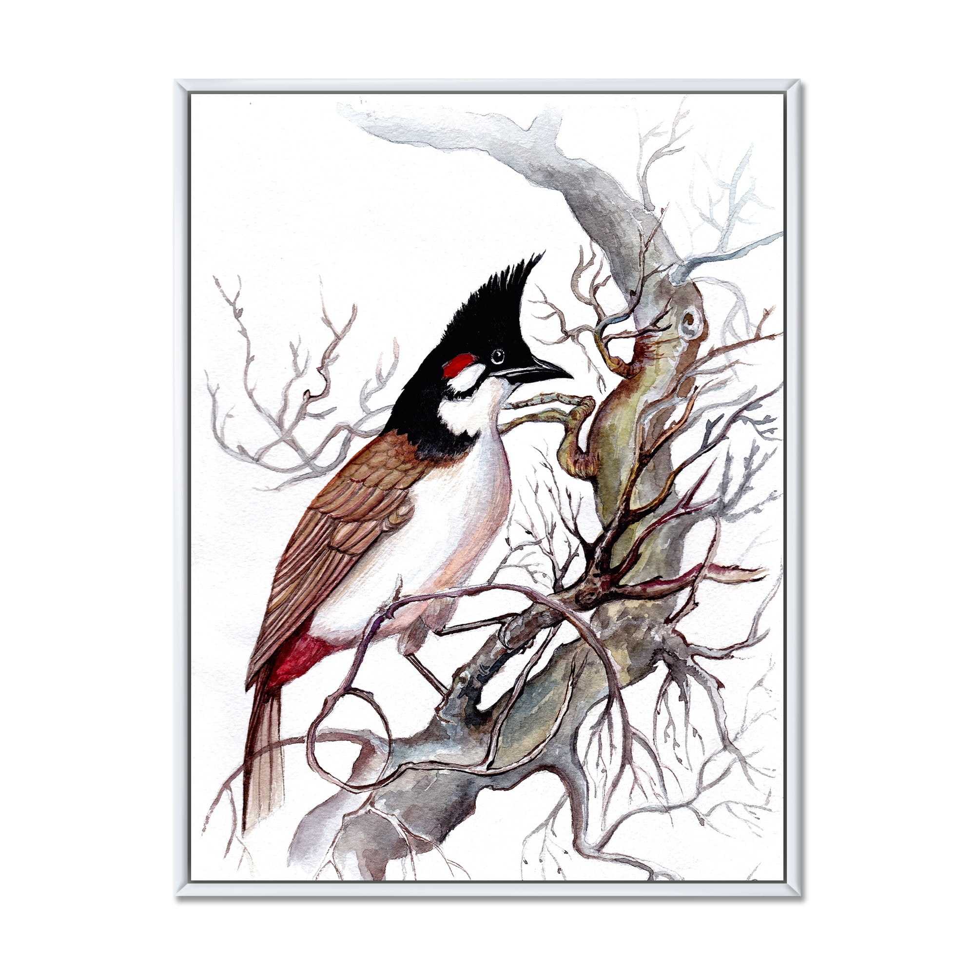 Designart 'Ancient Beautiful Bird On A Branch' Traditional Framed Canvas Wall Art Print