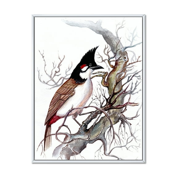 Designart 'Ancient Beautiful Bird On A Branch' Traditional Framed Canvas Wall Art Print