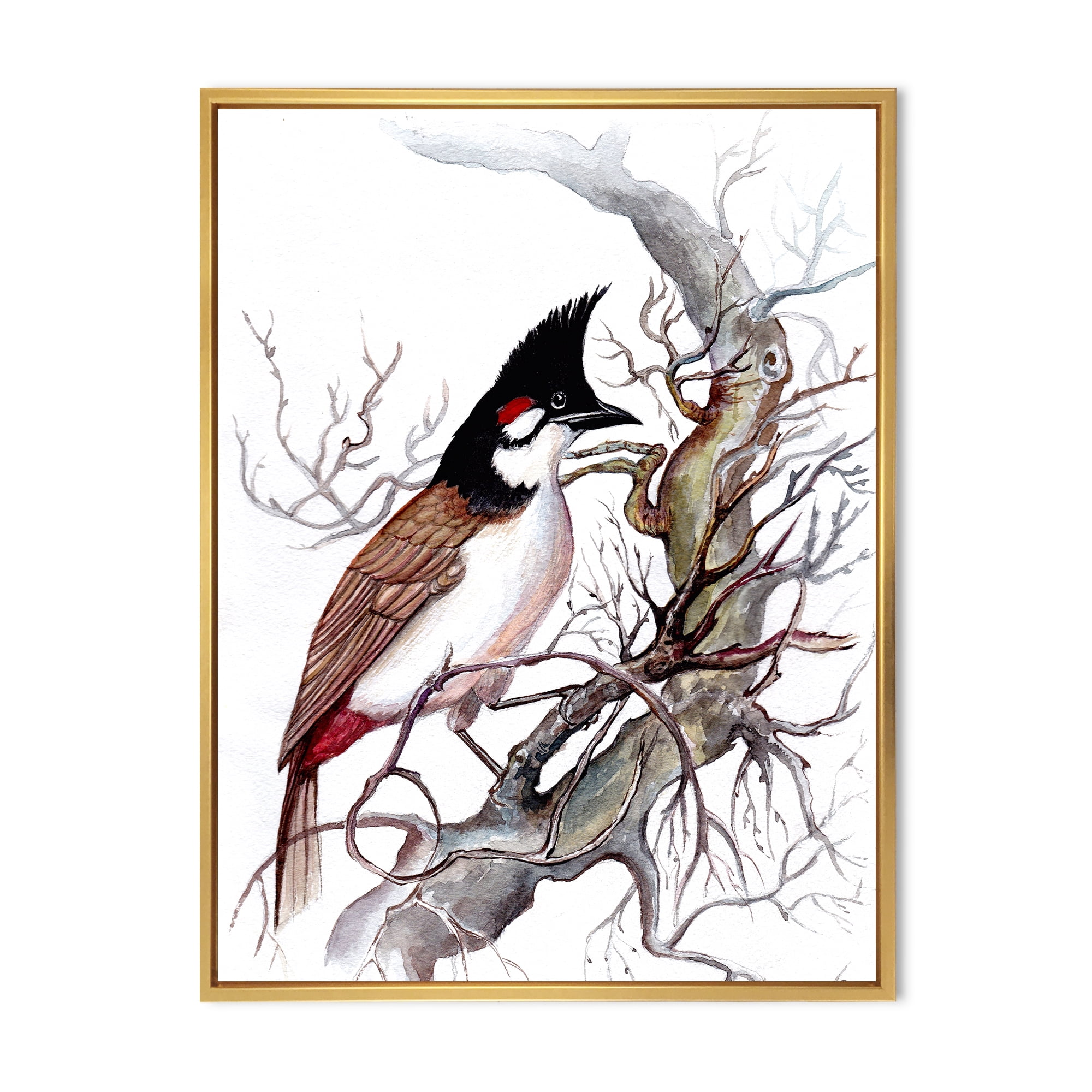 Designart 'Ancient Beautiful Bird On A Branch' Traditional Framed Canvas Wall Art Print