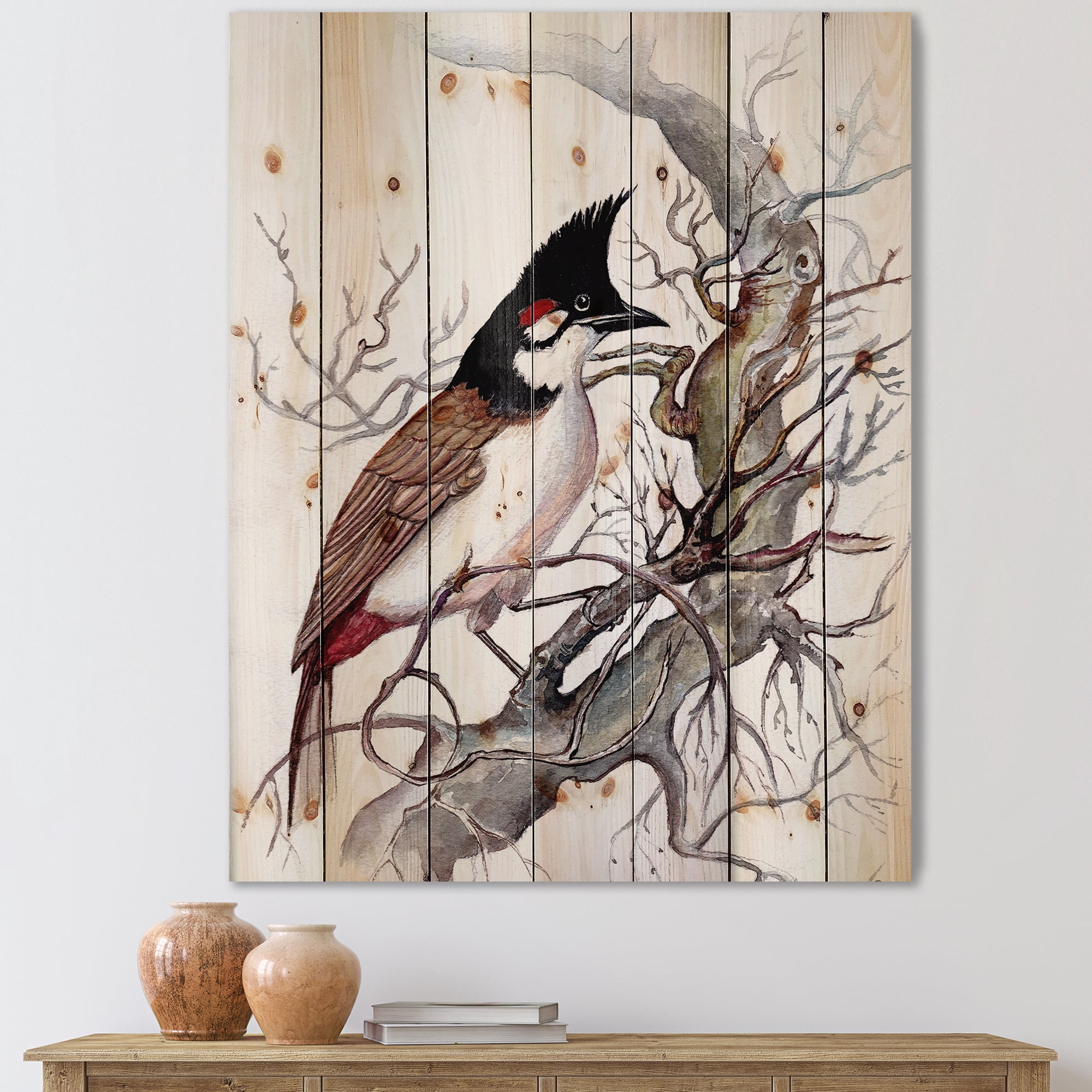Designart 'Ancient Beautiful Bird On A Branch' Traditional Print on Natural Pine Wood
