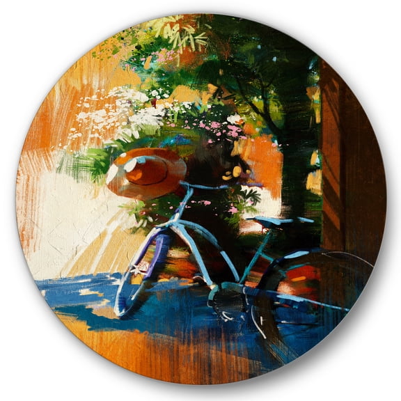 Designart 'Ancient Bicycle and Old Hat On Summer Day' Vintage Circle Metal Wall Art 36x36 - Disc of 36