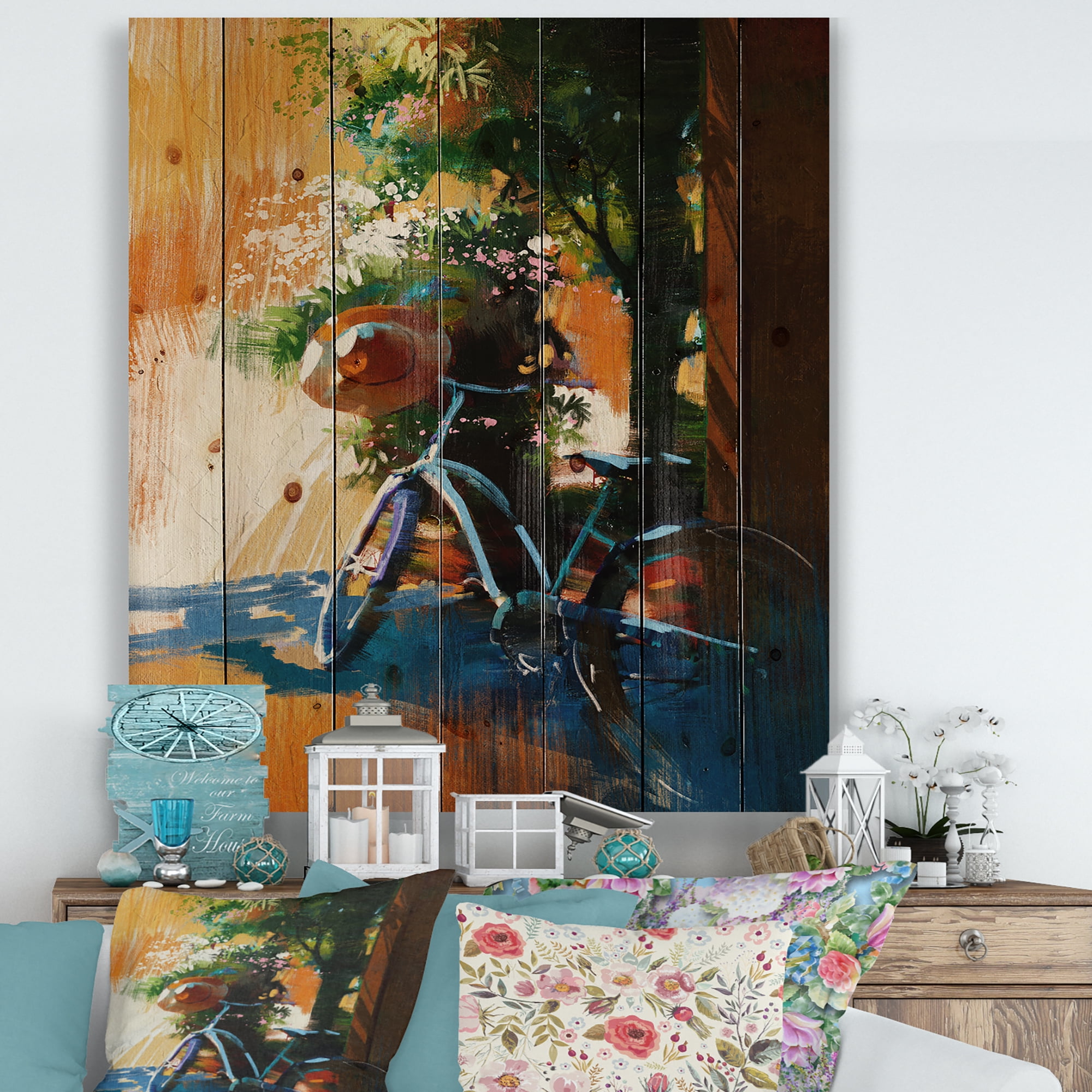 Designart 'Ancient Bicycle and Old Hat On Summer Day' Vintage Print on Natural Pine Wood