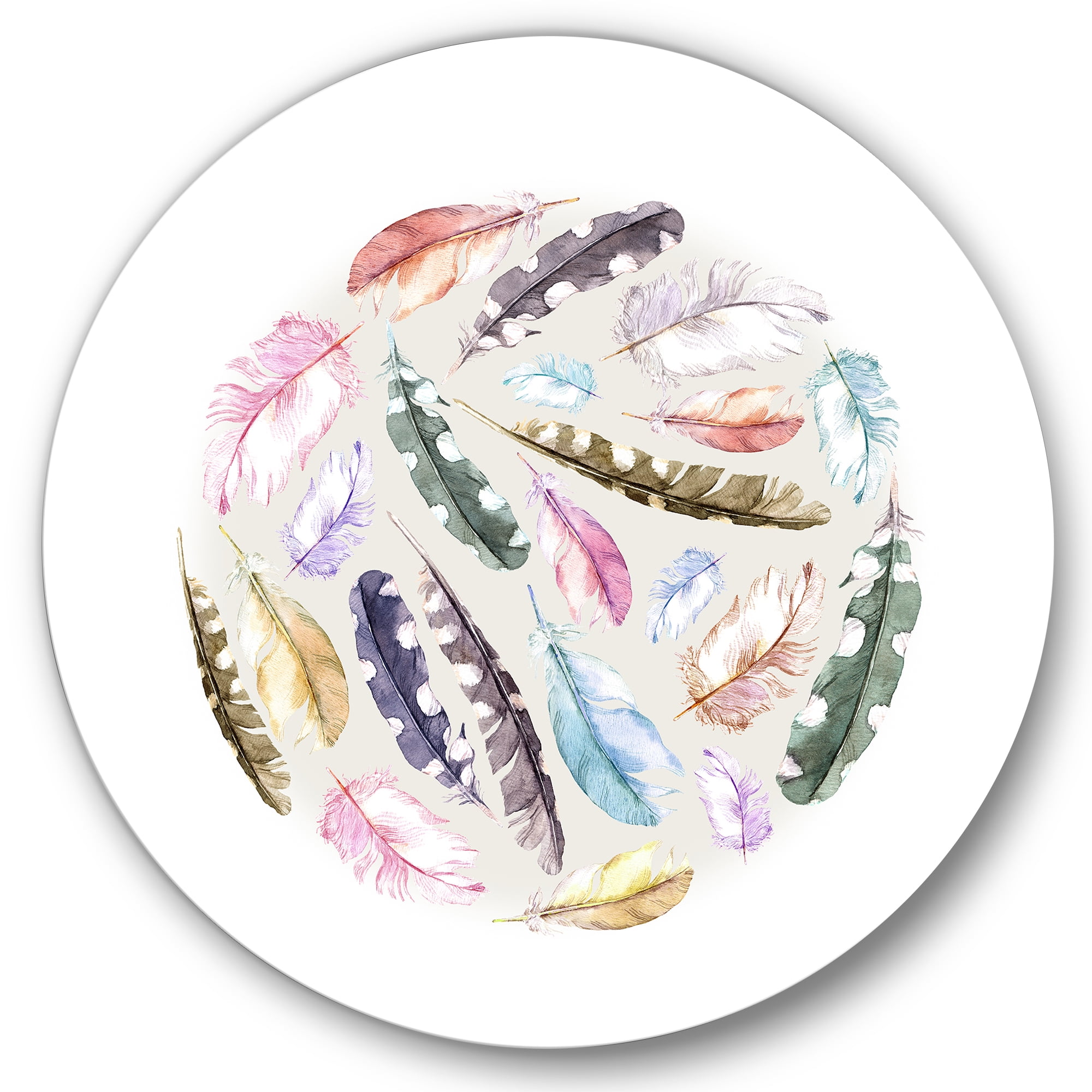 Designart 'Ancient Bird Feathers In Circle' Traditional Circle Metal Wall Art 29x29 - Disc of 29