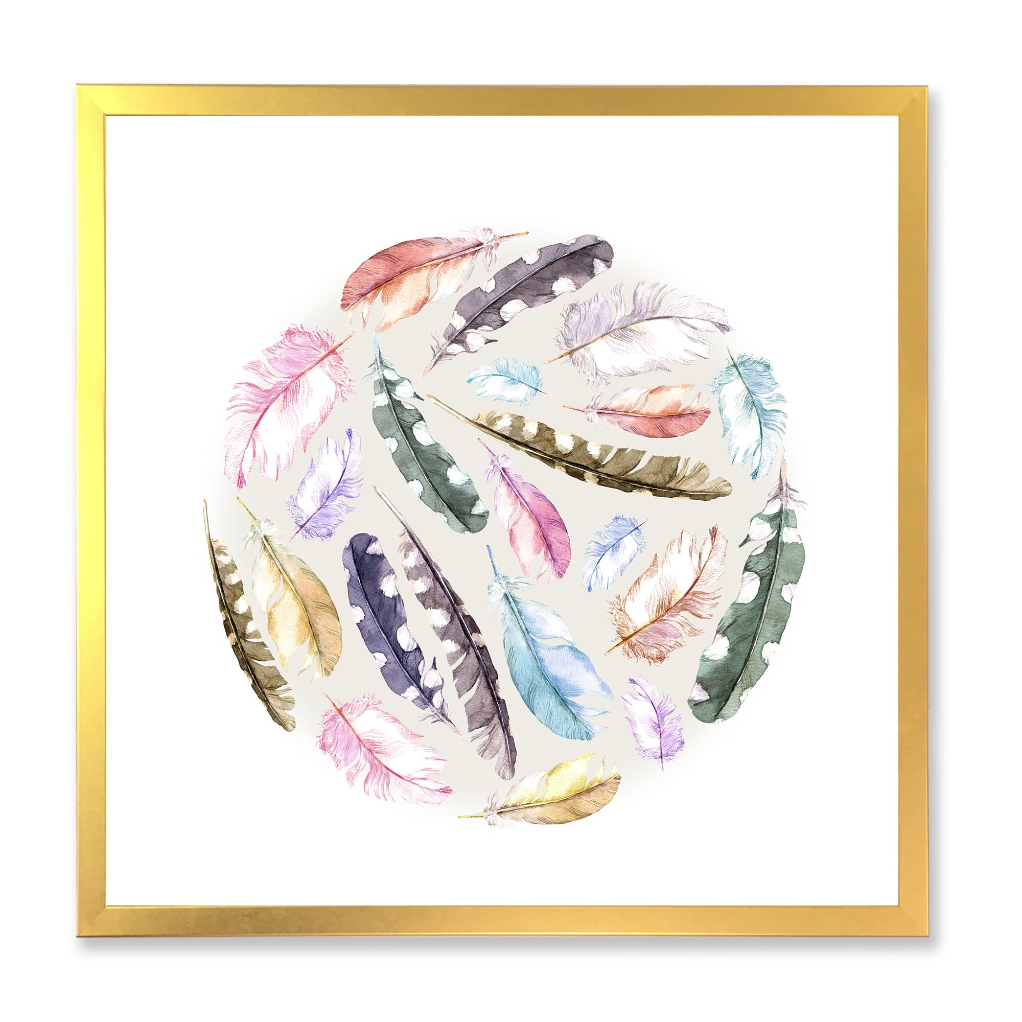 Designart 'Ancient Bird Feathers In Circle' Traditional Framed Art Print