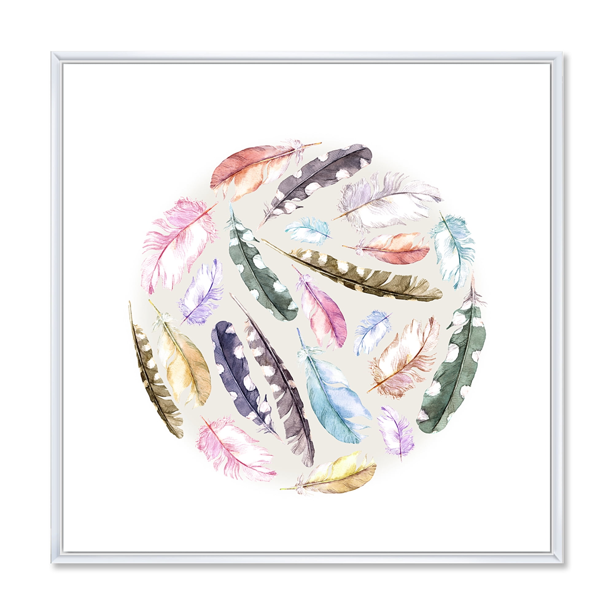 Designart 'Ancient Bird Feathers In Circle' Traditional Framed Canvas Wall Art Print