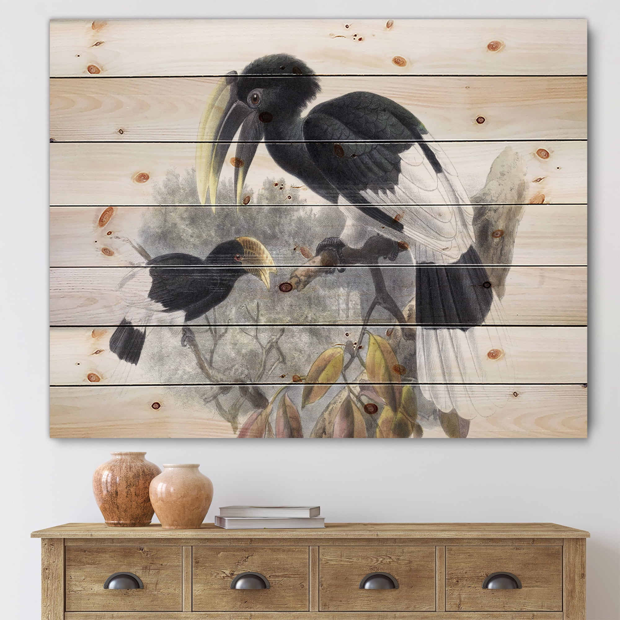 Designart 'Ancient Bird Illustration I' Traditional Print on Natural Pine Wood