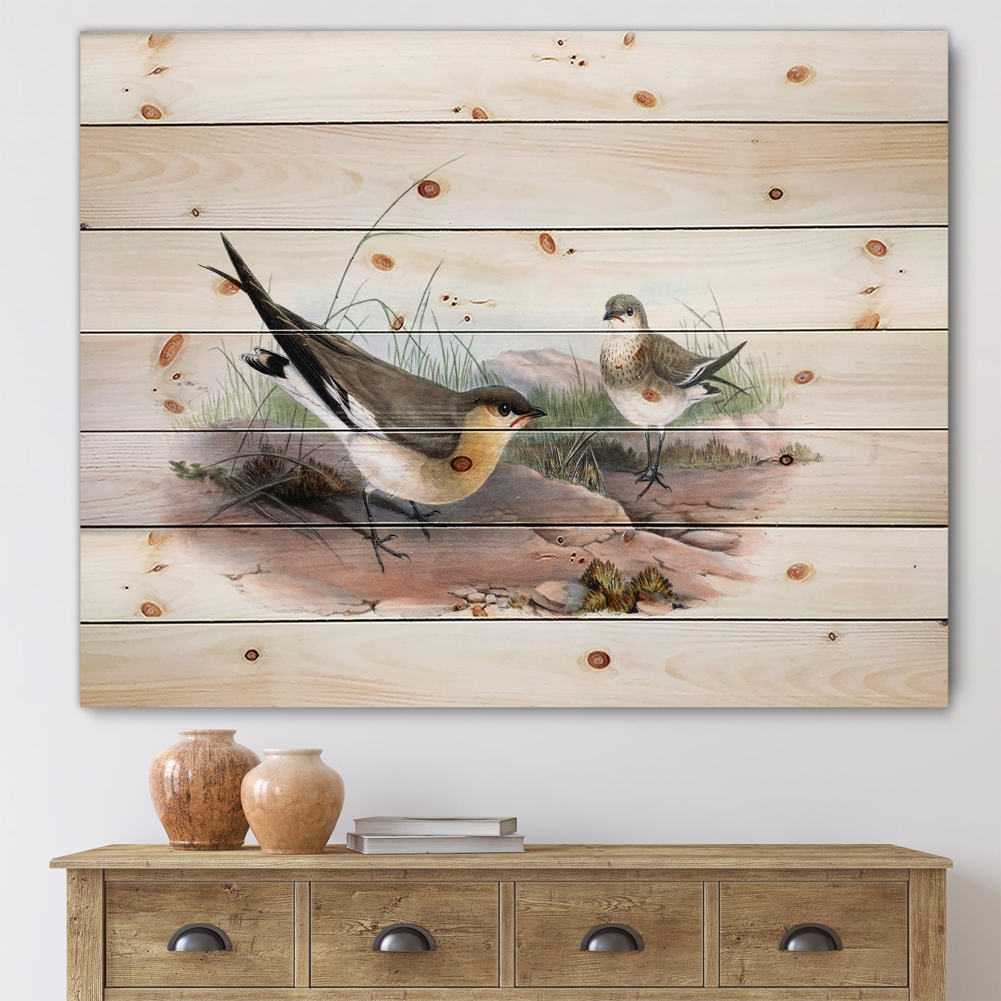 Designart 'Ancient Bird Illustration II' Farmhouse Print on Natural Pine Wood