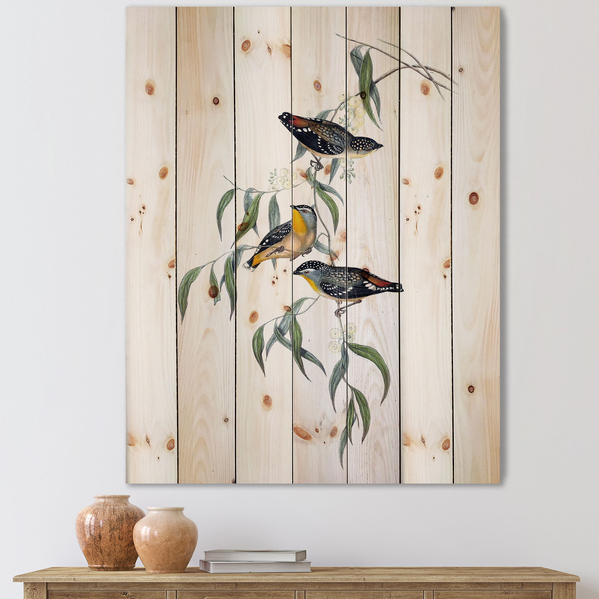 Designart 'Ancient Bird Life III' Traditional Print on Natural Pine Wood