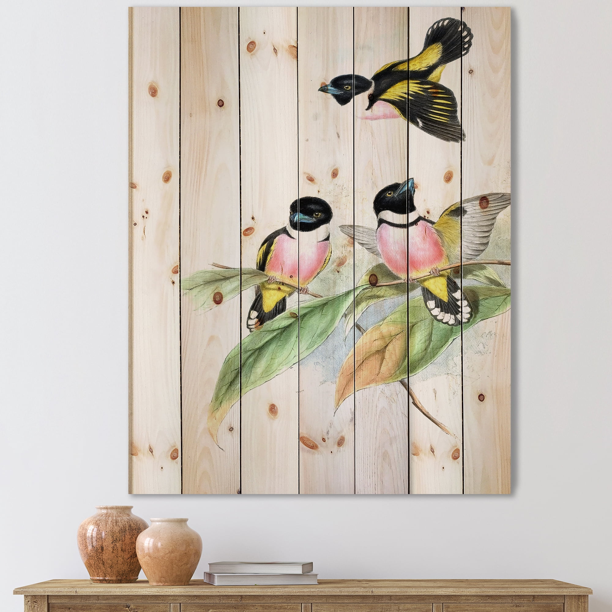 Designart 'Ancient Birds III' Traditional Print on Natural Pine Wood