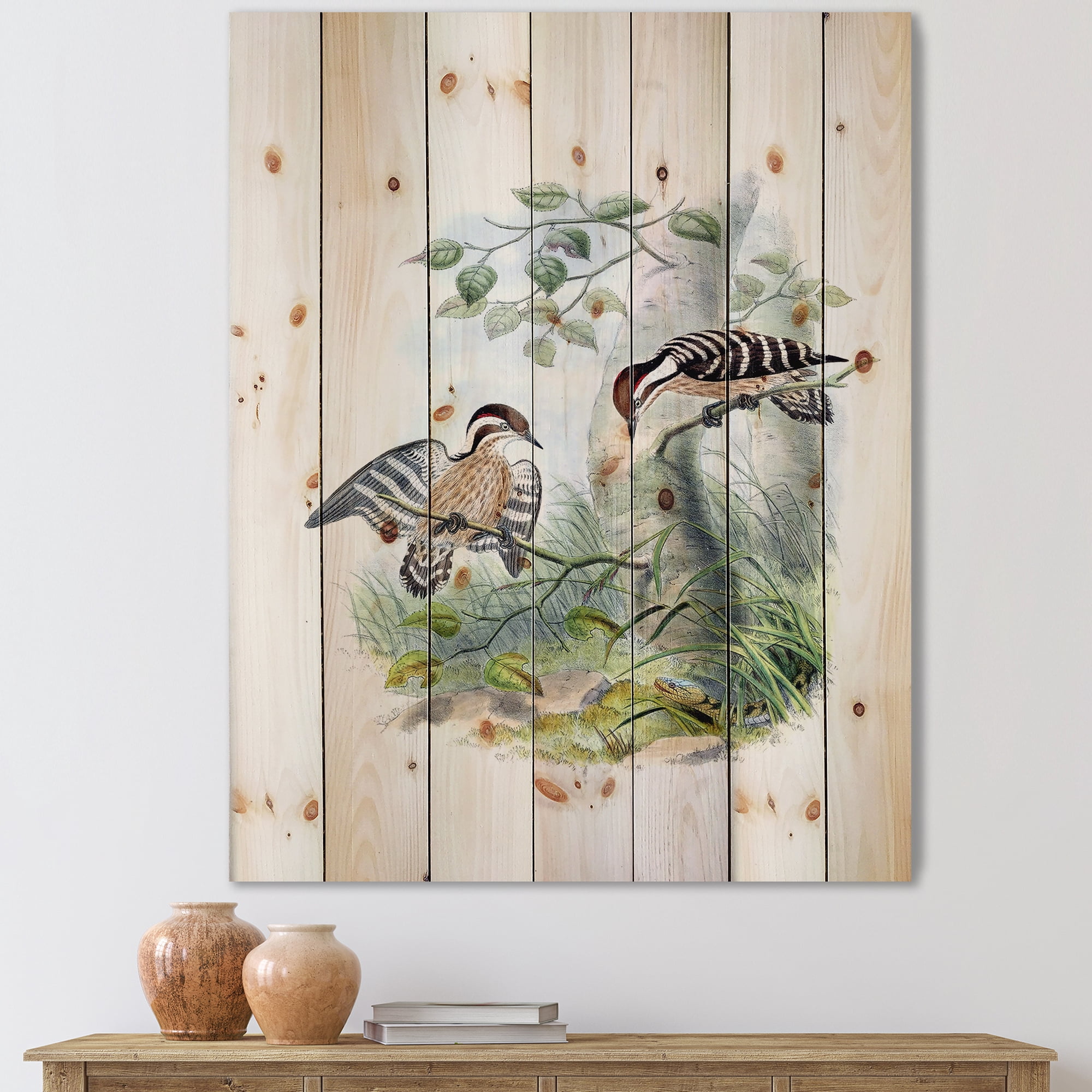 Designart 'Ancient Birds In The Wild I' Traditional Print on Natural Pine Wood
