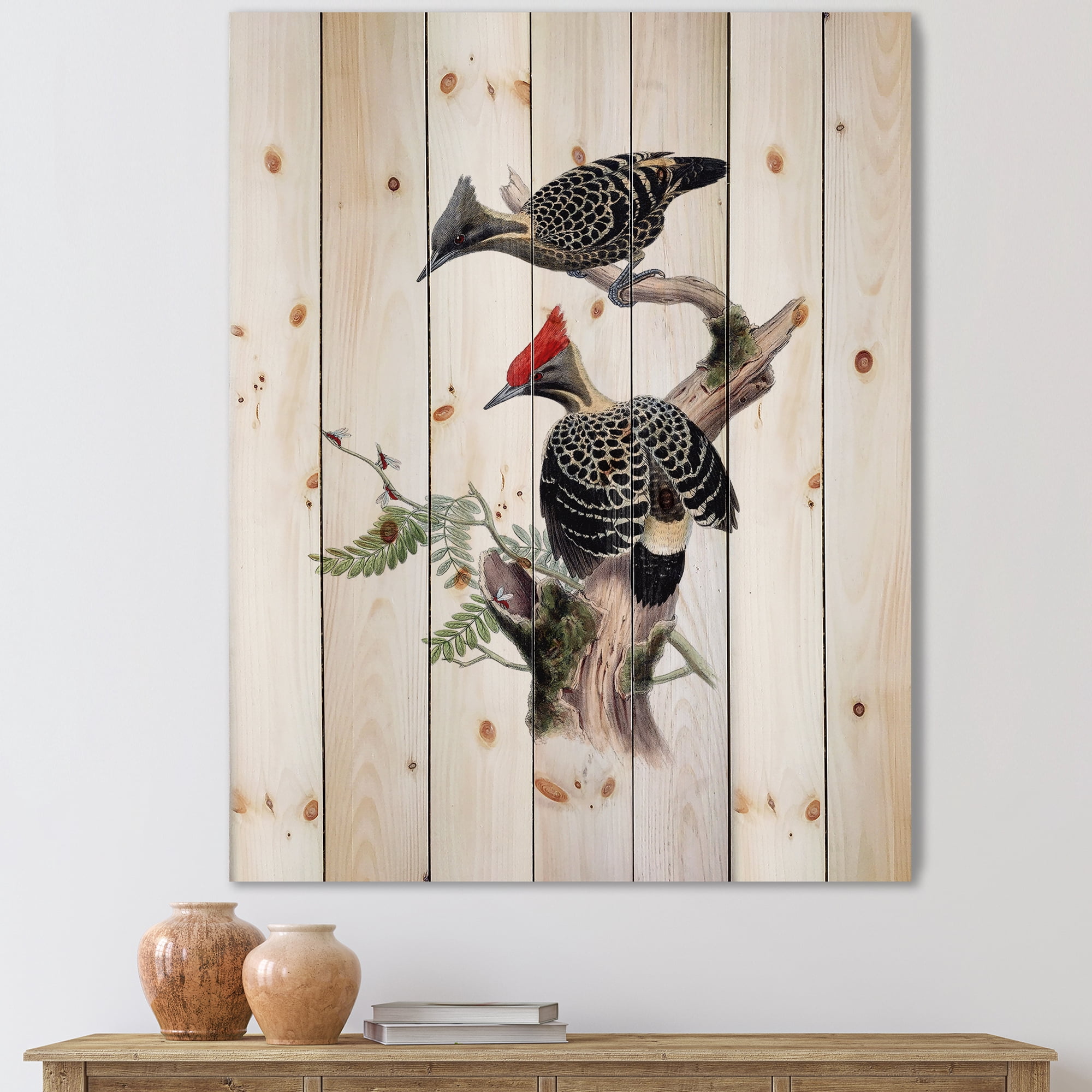 Designart 'Ancient Birds In The Wild VI' Traditional Print on Natural Pine Wood