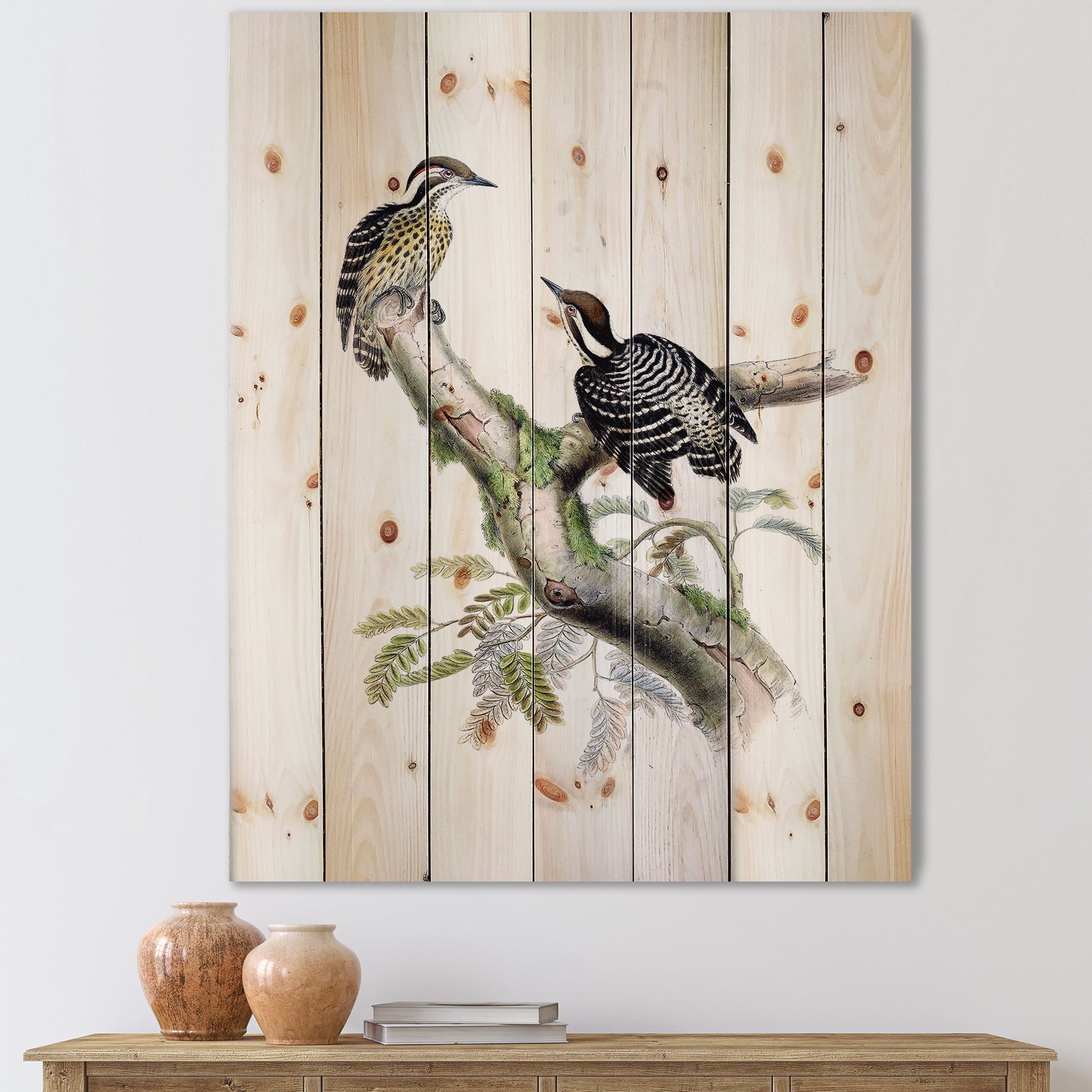 Designart 'Ancient Birds In The Wild VIII' Traditional Print on Natural Pine Wood