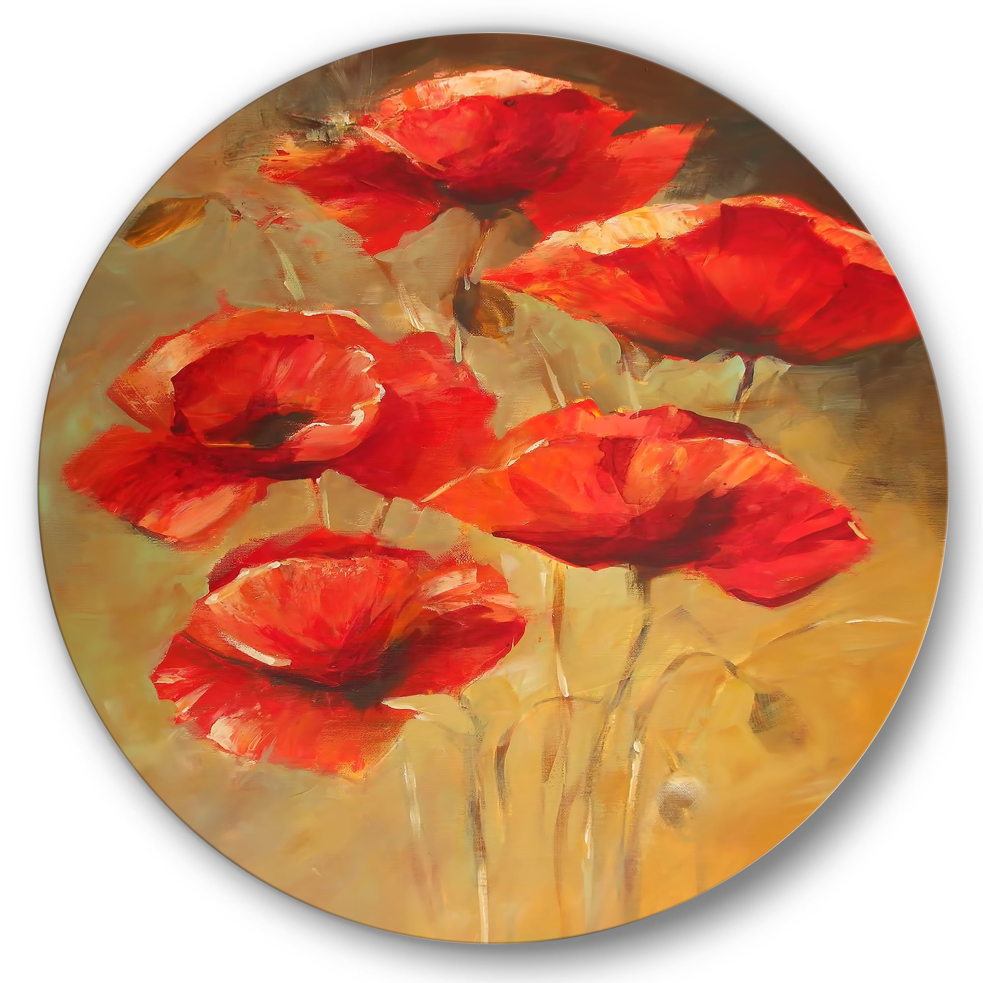 Designart 'Ancient Blooming Poppies II' Traditional Circle Metal Wall Art 36x36 - Disc of 36