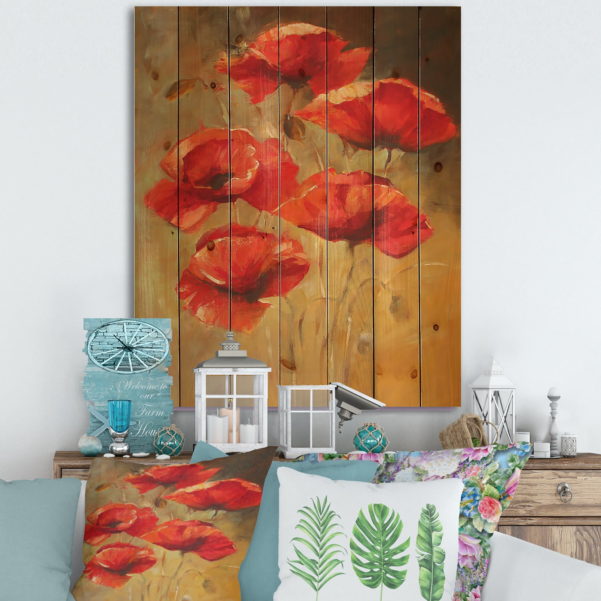 Designart 'Ancient Blooming Poppies II' Traditional Print on Natural Pine Wood