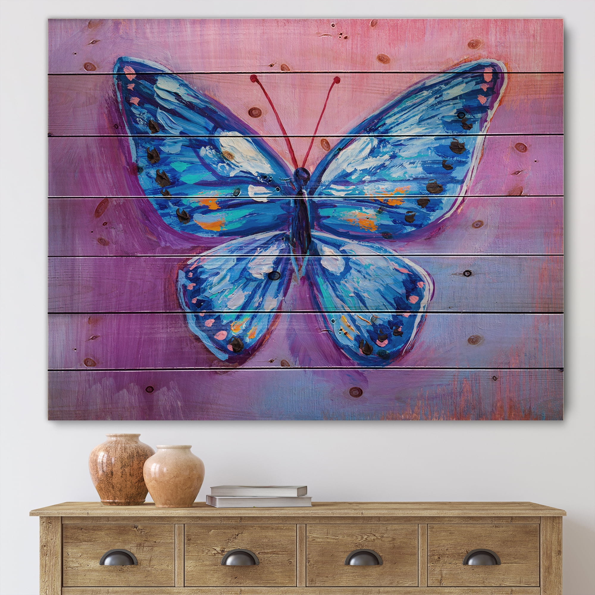 Designart 'Ancient Blue Butterfly I' Modern Print on Natural Pine Wood